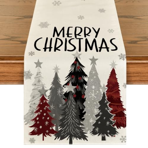 Grey Red Xmas Trees Table Runner Home Party Decor 13x72 Inch