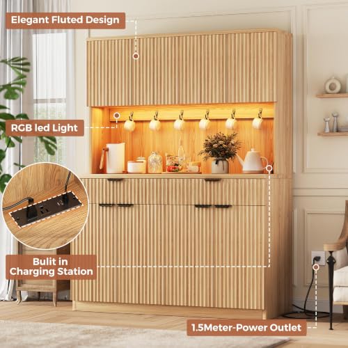 Fluted Kitchen Pantry Storage Cabinet with Charging Station & LED Lights