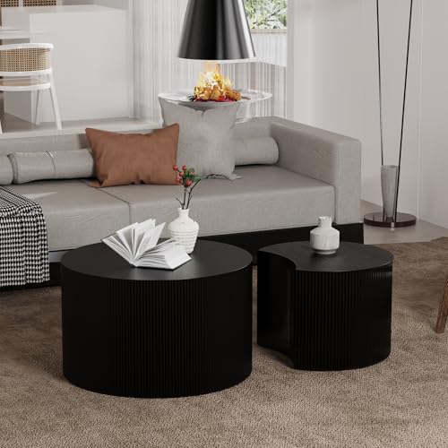 Black Round Fluted Nesting Coffee Table Set of 2