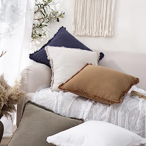 Decorative Linen Fringe Throw Pillow Covers 24×24 Khaki Brown (2 Count)