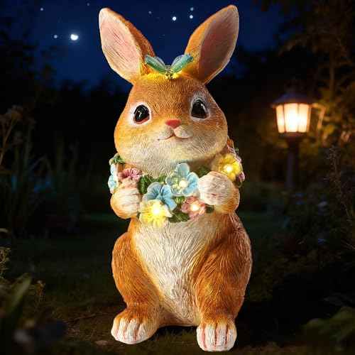 Solar Garden Statues Outdoor Bunny Decorations with Butterfly & Flowers Gifts for Mom