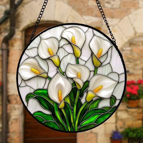 White Calla Lily Bouquet Stained Glass Window Hanging Suncatcher Gifts 9.8"