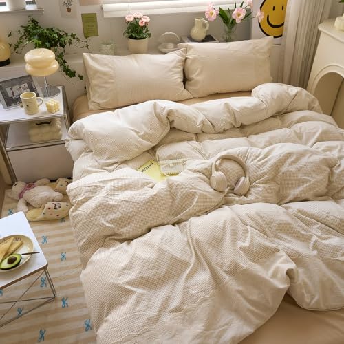 Tan Gingham Comforter Set King Romantic Lace Bedding Beige Plaid Comforter Set Vintage Grid Checkered Pattern Comforter with 2 Pillowcases Farmhouse Taupe Plaid Gingham Bedding Set