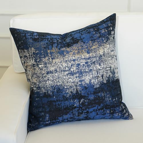 Navy Champagne Metallic Jacquard Throw Pillow Cover 18x18 Velvet Back Modern Glam Sofa Decor