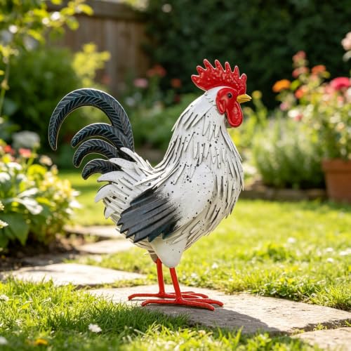 Rooster Garden Statue Sculpture Metal Chicken Yard Decor Outdoor Figurines Patio Backyard Decoration
