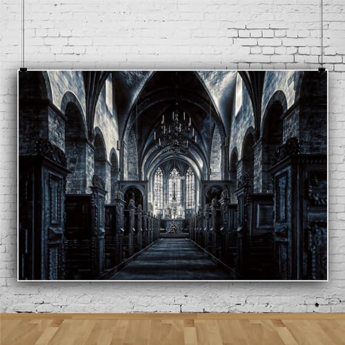 12x10ft Scary Church Halloween Backdrop Dark Black Horror Gothic Medieval Castle Interior Photography Background Halloween Night Carnival Theme Party Decor Banner Photo Studio Props