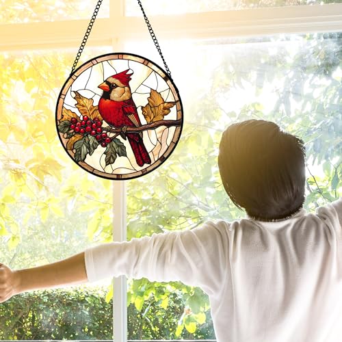 Festive Cardinal Berry Stained Glass Window Hanging Suncatcher Gifts 7.8"