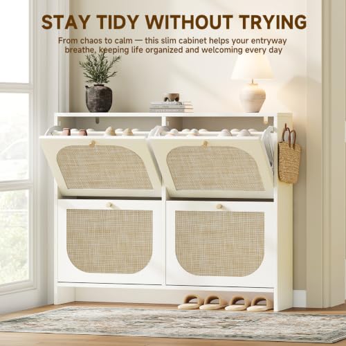 Freestanding Ultra Slim Arched Rattan Accent Shoe Storage Cabinet for Entryway