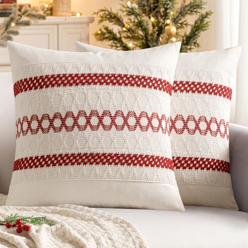 Set of 2 Christmas Red Boho Decorative Pillow Covers 18x18 Inch (2 Count)