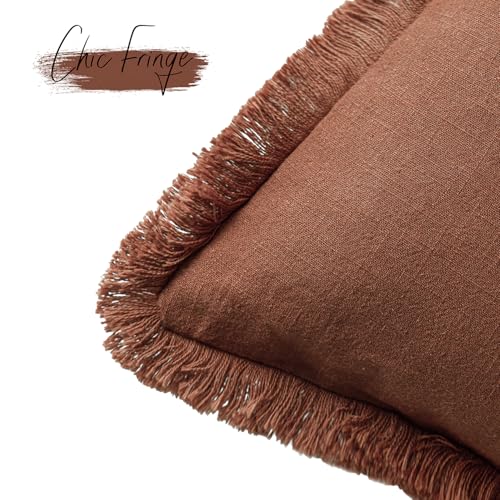 Decorative Linen Fringe Throw Pillow Covers 20×20 Rust Orange (2 Count)