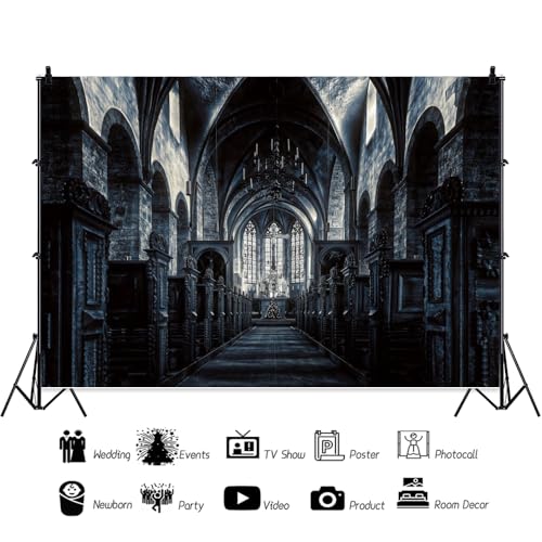 12x10ft Scary Church Halloween Backdrop Dark Black Horror Gothic Medieval Castle Interior Photography Background Halloween Night Carnival Theme Party Decor Banner Photo Studio Props