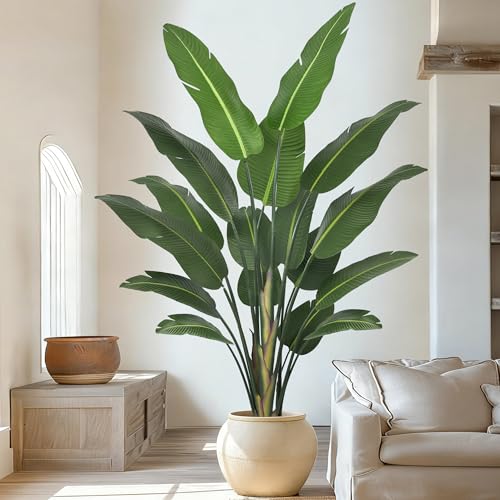 Artificial Bird of Paradise Tree 8FT 17 Thick Matte Texture Leaves Tall Large Fake Faux Tropical Traveler's Palm Banana Leaf Plant 96 Inch Black Pot for Indoor Home Office Poolside Decor