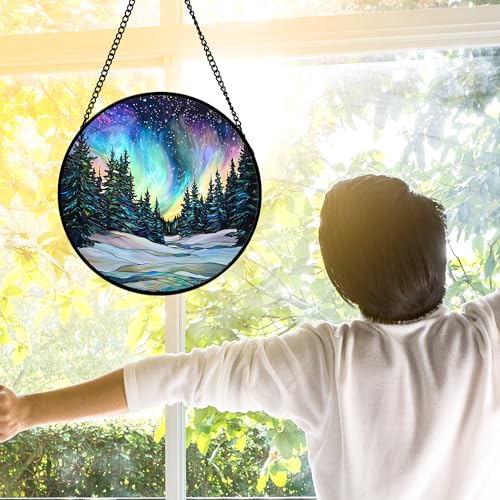 Aurora Landscape Stained Glass Window Hanging Suncatcher Xmas Gifts 7.8"