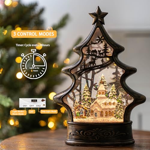 Musical Snow Globe Christmas Tree Lantern Lighted Church with Nativity Manger Scene Water Lantern in Swirling Glitter