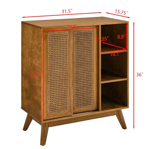 32" Mid Century Modern Rattan Sideboard Cabinet with 2 Sliding Doors