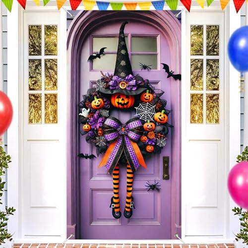Halloween Door Cover Purple Pumpkin Bow 71 x 35 Inch