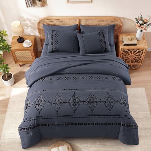 Full Size Comforter Set Embroidery Floral 7 Pieces Bed in a Bag