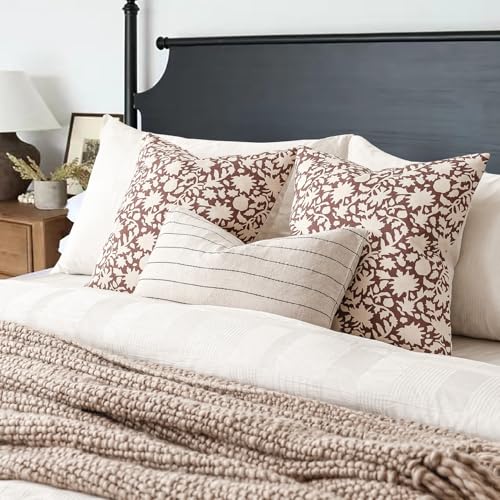 Set of 2 Decorative Neutral Floral Throw Pillow Covers Accent Farmhouse Cushion Covers Boho Lumbar Pillowcase for Couch Sofa Bedroom Living Room Home Decor (2 Count)