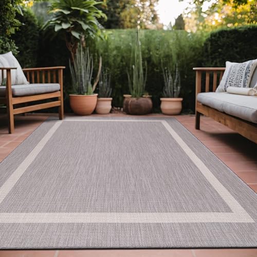 Bordered Outdoor Rug 10x14 Washable Outside Carpet for Indoor Patio Porch Waterproof Easy Cleaning Non Shedding Area Rugs Gray 10 x 14