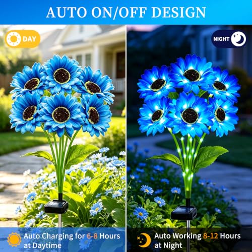 Solar Sunflower Lights 4 Pack with 24 Blue Sunflower Solar Lights Outdoor Waterproof (24 Count)