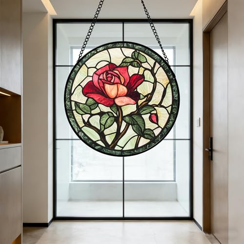 Stained Glass Window Hanging Red Rose Suncatcher Gifts for Women 6.3"