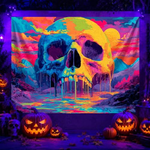 Blacklight Tapestry Melting Skull Neon Wall Art 78 x 59 Inch