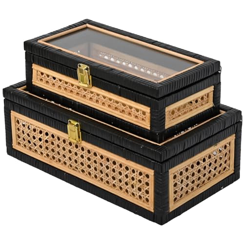 Black Rattan Decorative Wood Storage Boxes with Glass Lids Set of 2