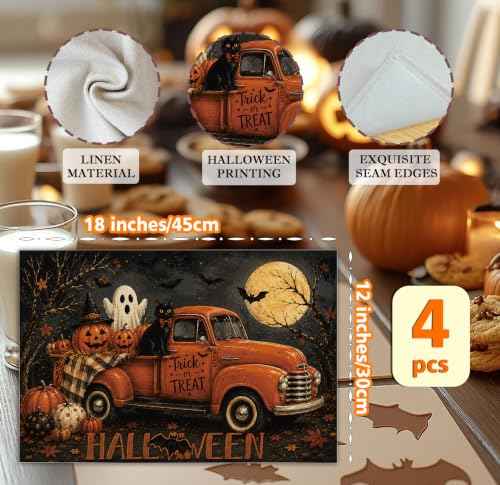 Halloween Placemats Set of 4 Vintage Truck Pumpkin Linen Table Mats 18x12 (4 Count)