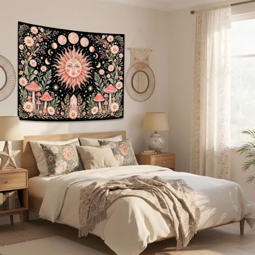 Boho Pink Sun Moon Phase Daisy Flower Mushroom Tapestry 48 x 36 Inch