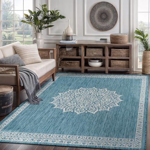 Outdoor Rug 5x7 Medallion Aqua Modern Area Rugs for Indoor and Outdoor Patios Kitchen and Hallway Mats Washable Porch Deck Outside Carpet (35 Sq Ft)