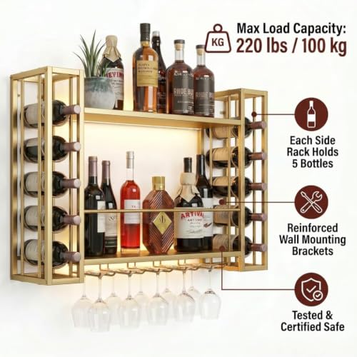 40" Wall Mounted Wine Rack with LED Lights & Wine Glass Rack