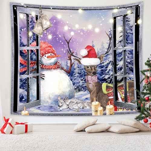 Christmas Window Tapestry Wall Hanging Christmas Backdrop Winter Window Wall Decor Xmas Snowman Deer Tapestries for Bedroom Living Room Dorm Holiday Party Decoration