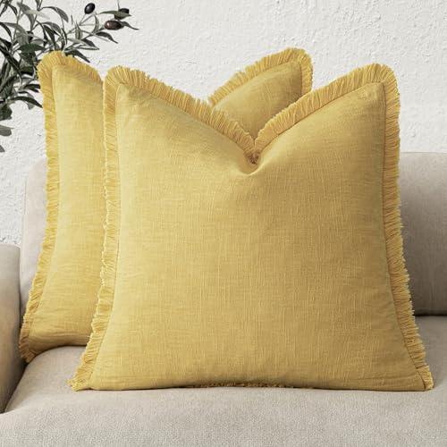 Decorative Linen Fringe Throw Pillow Covers 20×20 Ginger Yellow (2 Count)