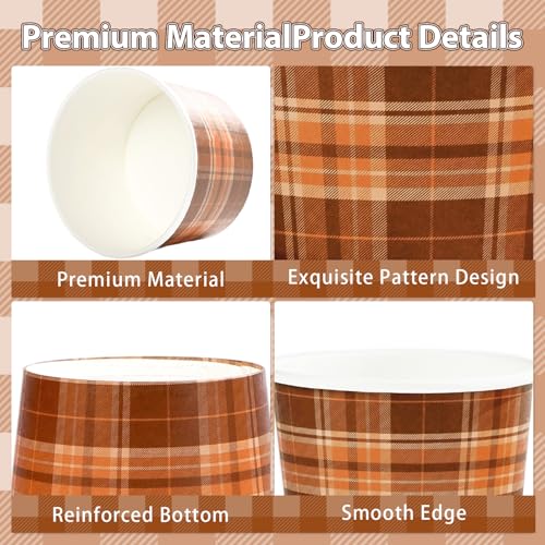 120 PCS Fall Paper Cups 12 oz Thanksgiving Orange Brown Gingham Snack Bowls Disposable 4 Colors Dessert Cups for Fall Thanksgiving Holiday Harvest Party Snacks Dessert Candies Party Supplies (12 Count)