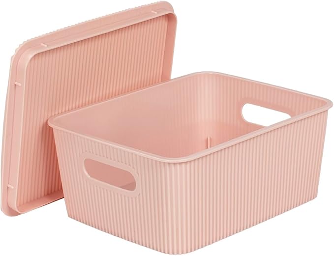 Glad Storage Baskets with Lids - Set of 6 Stackable Plastic Boxes with Handles - Decorative Shelf Organizer Bins for Bathroom and Closet, Pink, 1 Gallon
