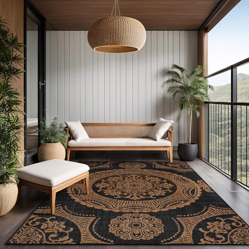 Medallion Outdoor Rug 10x14 Washable Outside Carpet for Indoor Patio Porch Waterproof Easy Cleaning Non Shedding Area Rugs Nut Brown 10 x 14