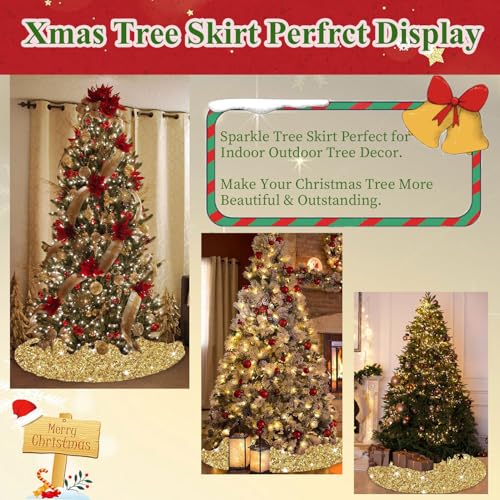 Gold Christmas Tree Skirts 21 Inches Mini Metallic Tree Cover Skirt Personalized Christmas Tree Mat Ornament Rustic Round Small Xmas Tree Skirts for Holiday Festival Home Christmas Indoor Decoration