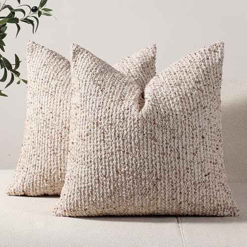 Striped Throw Pillow Covers 22x22 Set of 2 Beige Textured Boucle Chic Morden Boho Accent Farmhouse Square Decorative Couch Pillow Covers for Home Decor Bed Sofa Living Room (2 Count)