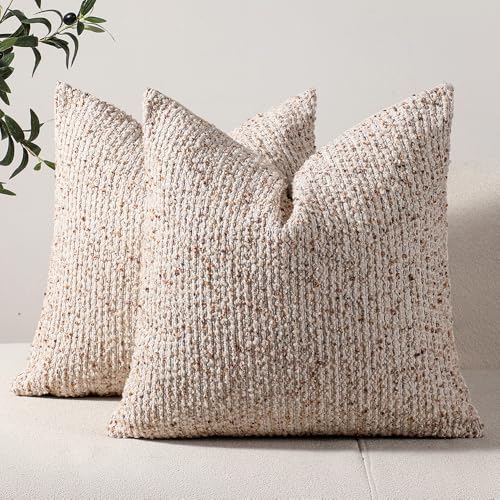 Striped Throw Pillow Covers 24x24 Set of 2 Beige Textured Boucle Chic Morden Boho Accent Farmhouse Square Decorative Couch Pillow Covers for Home Decor Bed Sofa Living Room (2 Count)