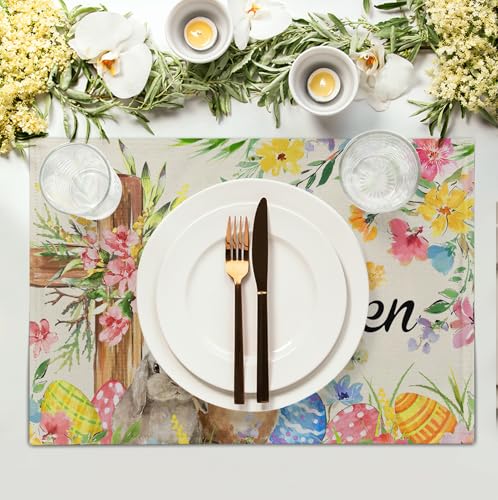 He is Risen Easter Placemats Set of 4 12x18 Inch Bunny Floral Cross Table Mats Spring Rabbit Flowers Eggs Place Mat for Dining Table Party Kitchen Decoration (4 Count)