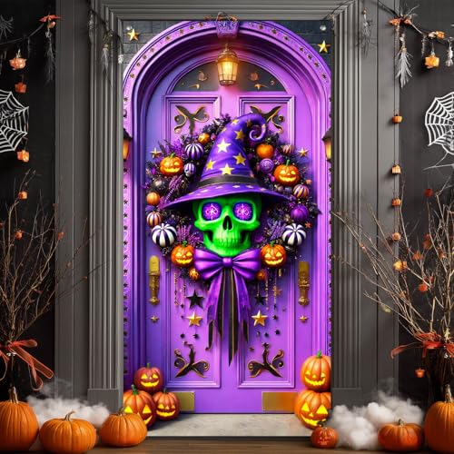 Halloween Entryway Banner Skull Witch Hat 35x71 Inch Polyester
