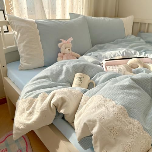 Blue Gingham Comforter Set Full Size Romantic Lace Style Checkered Plaid Comforter Set 3 Pieces Blue Grid Bed Comforter with 2 Pillowcases Soft Fluffy Farmhouse Plaid Gingham Bedding Set