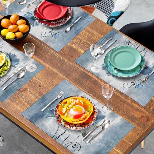 Daisy Placemats Set of 4 Blue Grey Rustic Vintage Floral Table Place Mats 12x18 Inch Seasonal Flower Spring Summer Linen Placemat for Party Kitchen Dining Outdoor Indoor Decor (4 Count)