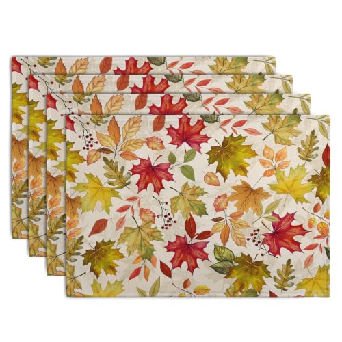 Fall Maple Leaves Placemats Set of 4 12x18 Inch Thanksgiving Autumn Colorful Leaf Dining Table Mats Rustic Seasonal Farmhouse Place Mats for Kitchen Party Home Decoration (4 Count)