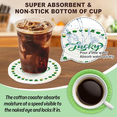 4Pcs St. Patrick's Day Handmade Braided Drink Coasters Shamrock Lucky Clover Cotton Coasters Irish Green Absorbent Cup Mat Tabletop Protection for Home Office Party Tableware (4 Count)