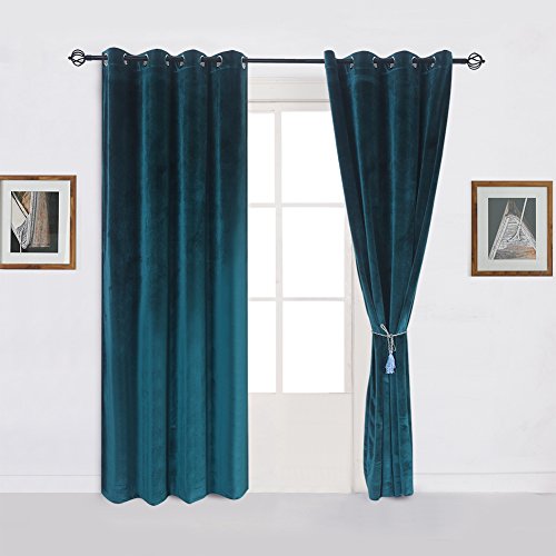 Super Soft Luxury Velvet Set of 2 Dark Green Blackout Energy Efficient Grommet Top Curtain Curtain Panel Drapes Peacock Blue 52Wx120L