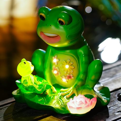 Upgraded Size Solar Garden Outdoor Statues Frog Mother and Little Frog with 6 LED Solar Figurine for Lawn