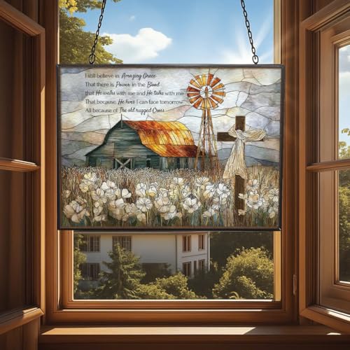 Rectangle Vintage Christian Grace Barn Cross Stained Glass Suncatcher Stained Glass Window Hangings Birthday Gift for Mom Grandma Teacher Women Friend Memorial Hook