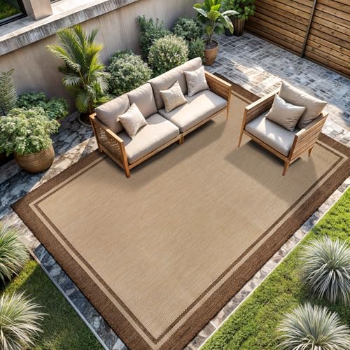 Outdoor Rug 9x12 Bordered Natural Brown Modern Area Rugs for Indoor and Outdoor Patios