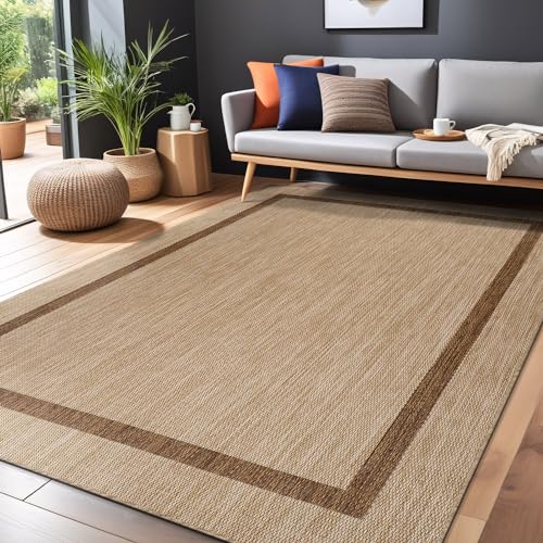 Bordered Outdoor Rug 6x9 Washable Outside Carpet for Indoor Patio Porch Waterproof Easy Cleaning Non Shedding Area Rugs Jute Beige